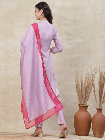 Solid Zardozi Embroidered Kurta with Pants & Jacquard Dupatta - Purple