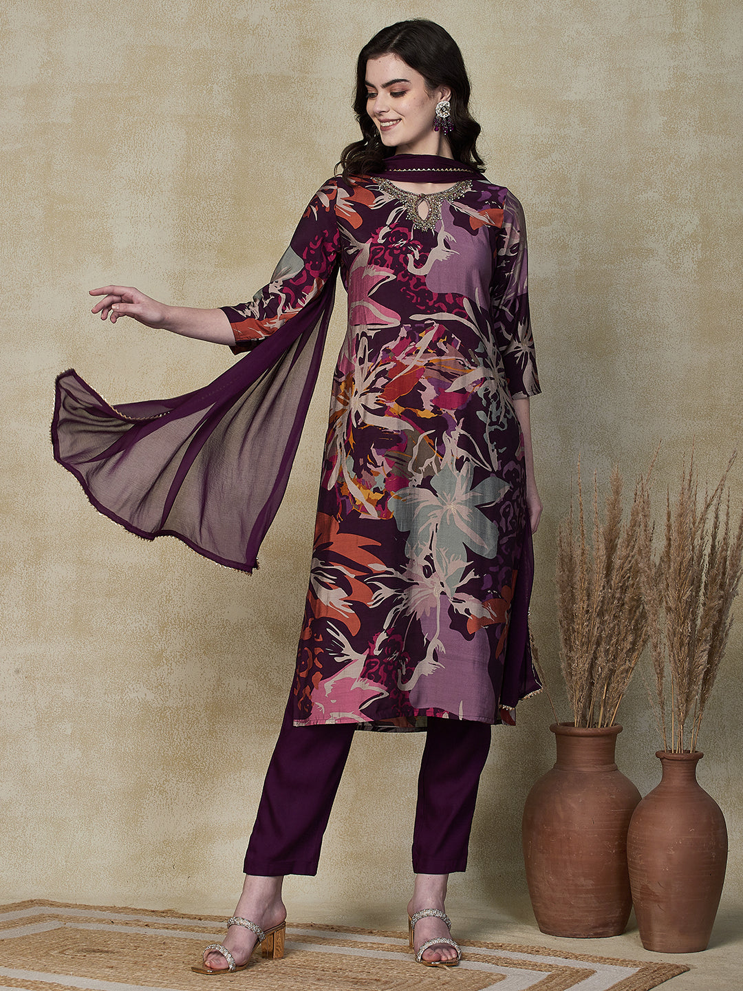 Floral Printed Beads & Sequins Aari Embroidered Kurta with Pants & Dupatta - Multi