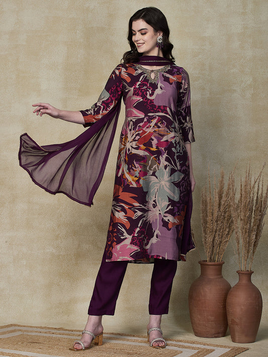 Floral Printed Beads & Sequins Aari Embroidered Kurta with Pants & Dupatta - Multi