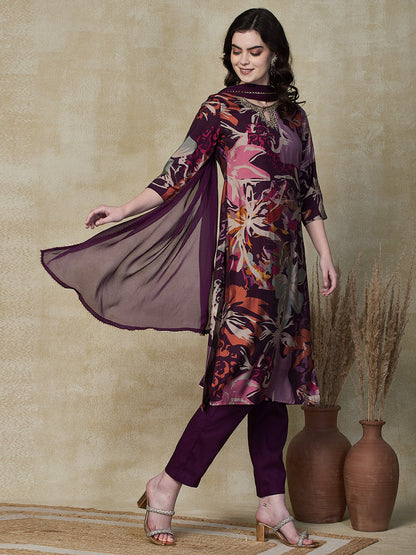 Floral Printed Beads & Sequins Aari Embroidered Kurta with Pants & Dupatta - Multi