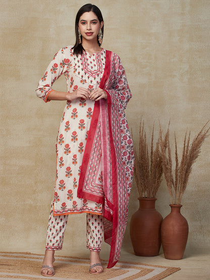 Floral Printed Resham & Sequins Embroidered Kurta with Pants & Dupatta - Off White