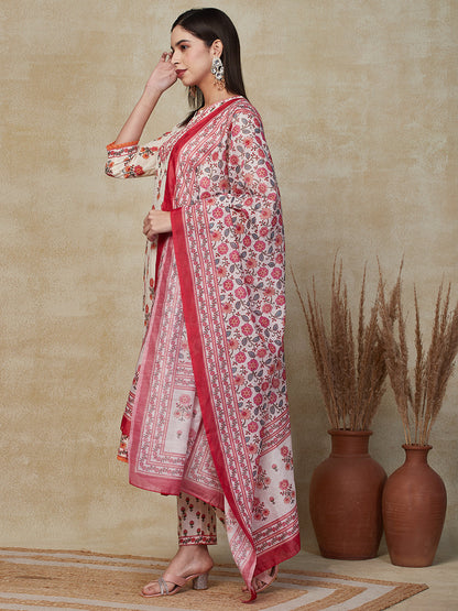 Floral Printed Resham & Sequins Embroidered Kurta with Pants & Dupatta - Off White