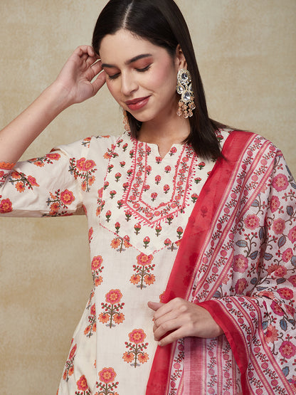 Floral Printed Resham & Sequins Embroidered Kurta with Pants & Dupatta - Off White