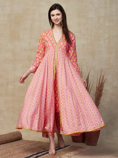 Ethnic Stripes & Floral Printed Anarkali Kurta with Pant - Pink