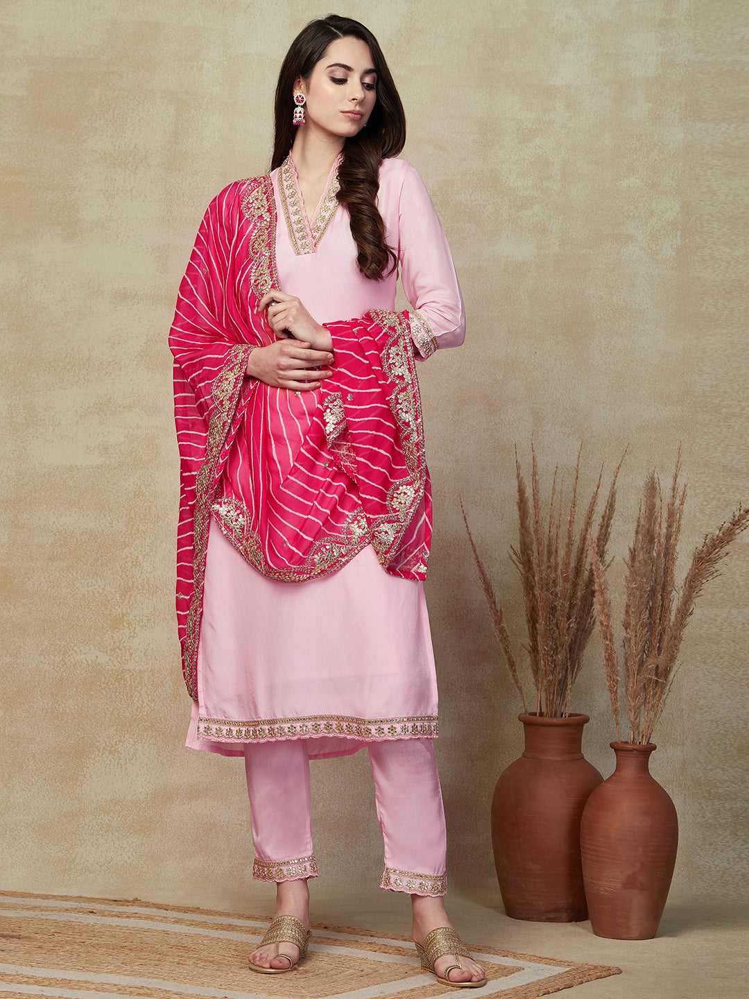 Solid Gota Patti Embroidered Straight Kurta with Pant & Leheriya Dupatta - Pink