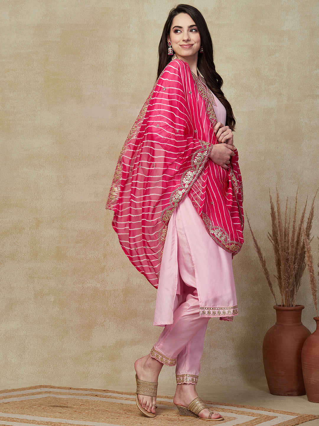 Solid Gota Patti Embroidered Straight Kurta with Pant & Leheriya Dupatta - Pink