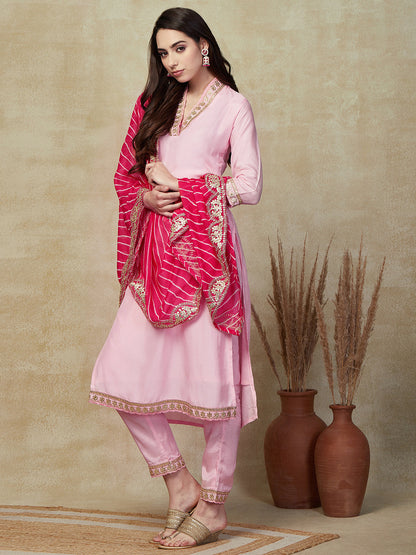 Solid Gota Patti Embroidered Straight Kurta with Pant & Leheriya Dupatta - Pink