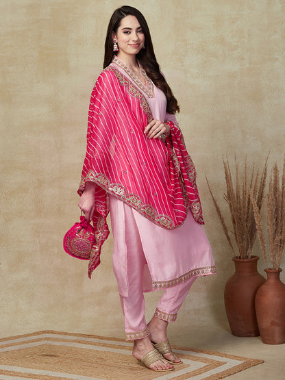 Solid Gota Patti Embroidered Straight Kurta with Pant & Leheriya Dupatta - Pink