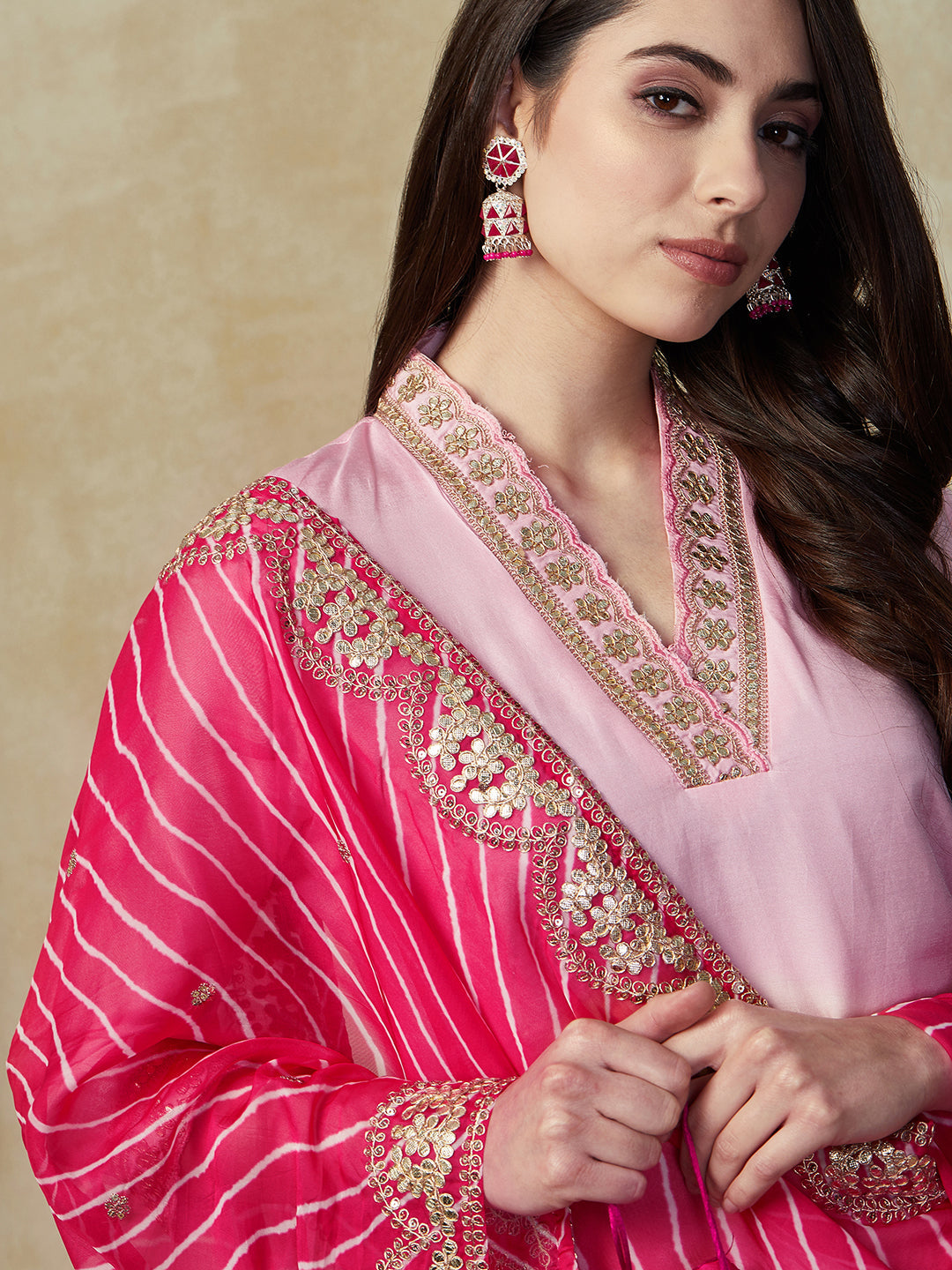 Solid Gota Patti Embroidered Straight Kurta with Pant & Leheriya Dupatta - Pink