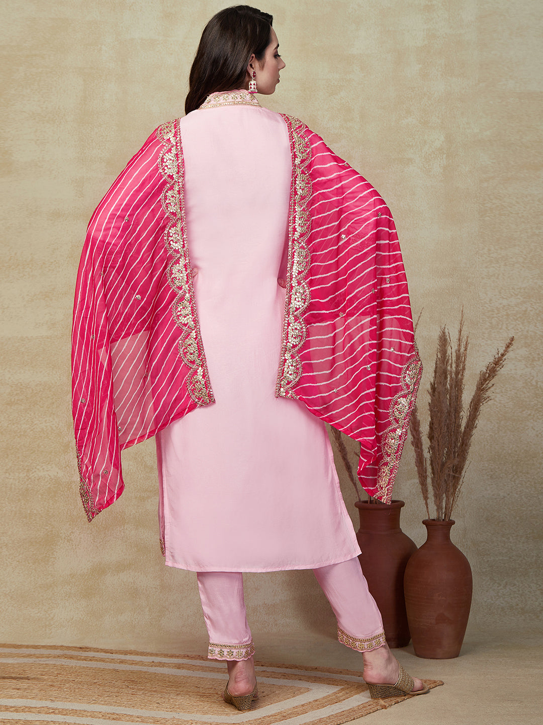 Solid Gota Patti Embroidered Straight Kurta with Pant & Leheriya Dupatta - Pink