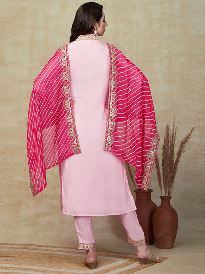 Solid Gota Patti Embroidered Straight Kurta with Pant & Leheriya Dupatta - Pink