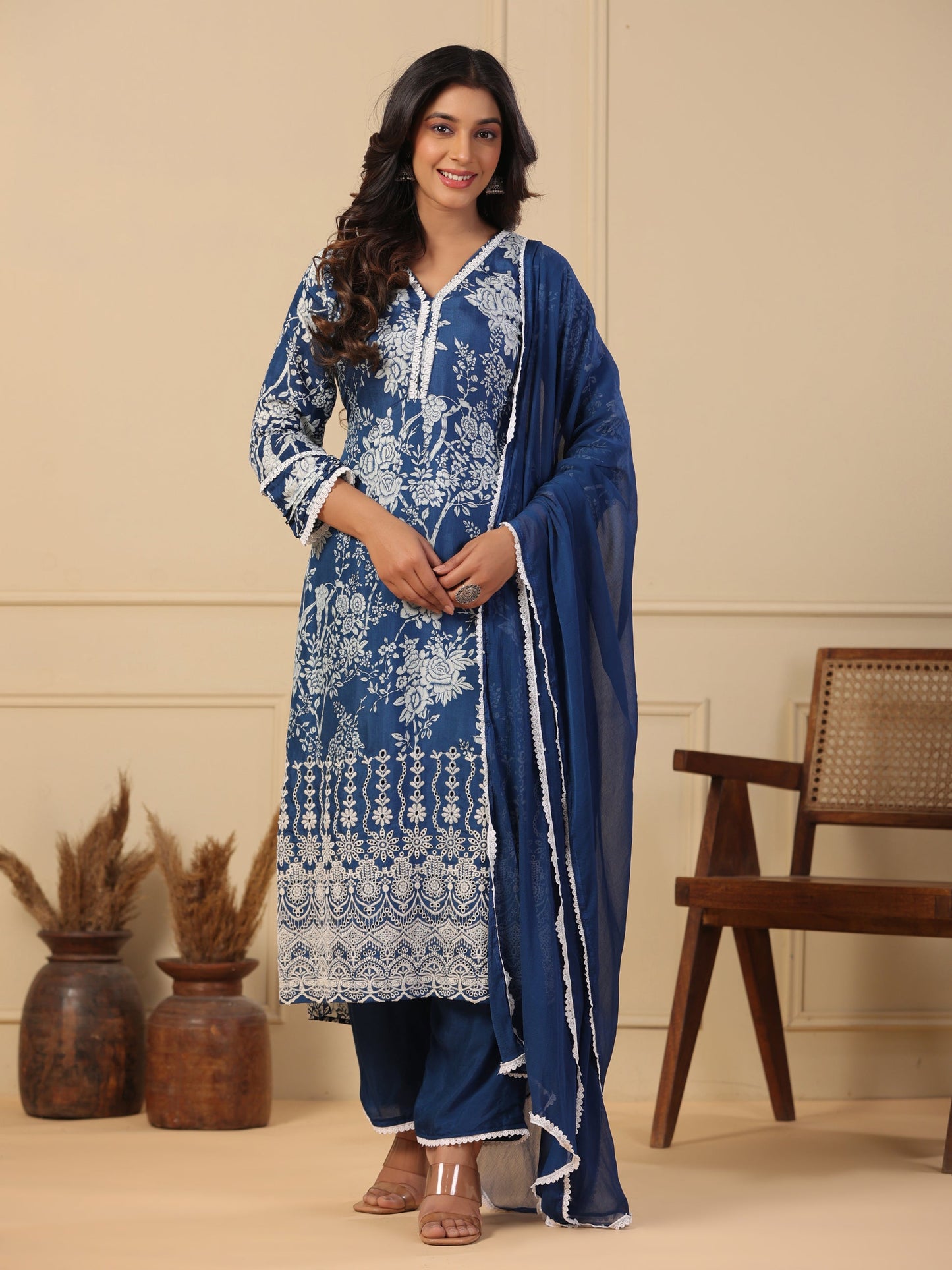 Floral Printed Schiffili Embroidered Kurta with Pants & Dupatta - Blue