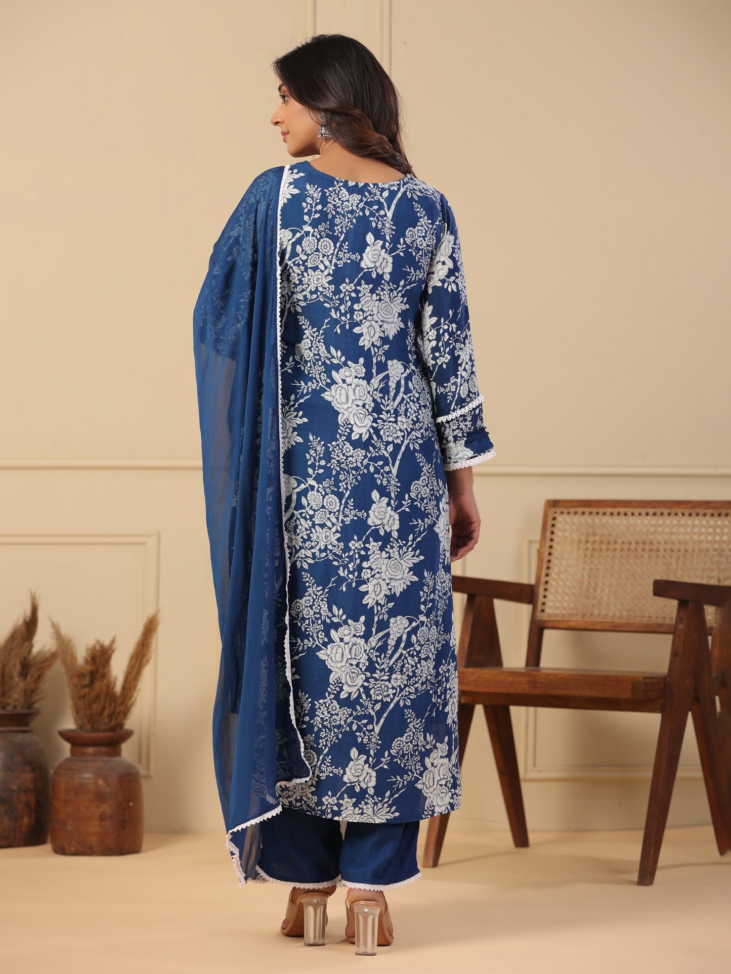 Floral Printed Schiffili Embroidered Kurta with Pants & Dupatta - Blue