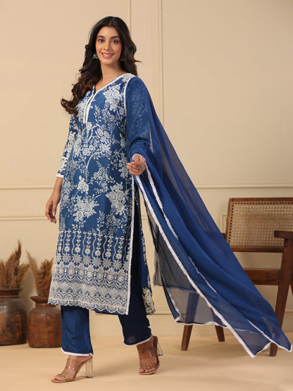 Floral Printed Schiffili Embroidered Kurta with Pants & Dupatta - Blue