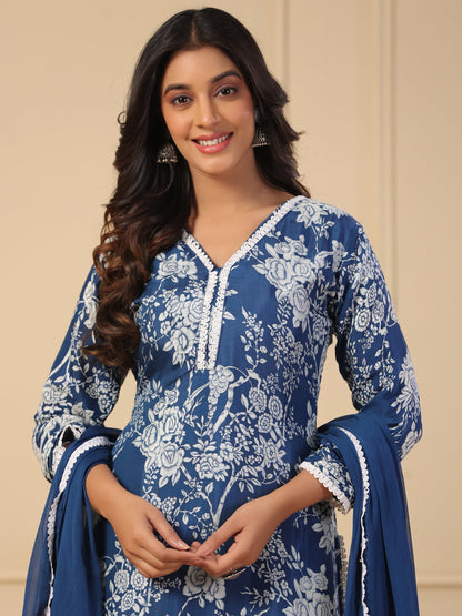 Floral Printed Schiffili Embroidered Kurta with Pants & Dupatta - Blue