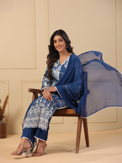 Floral Printed Schiffili Embroidered Kurta with Pants & Dupatta - Blue