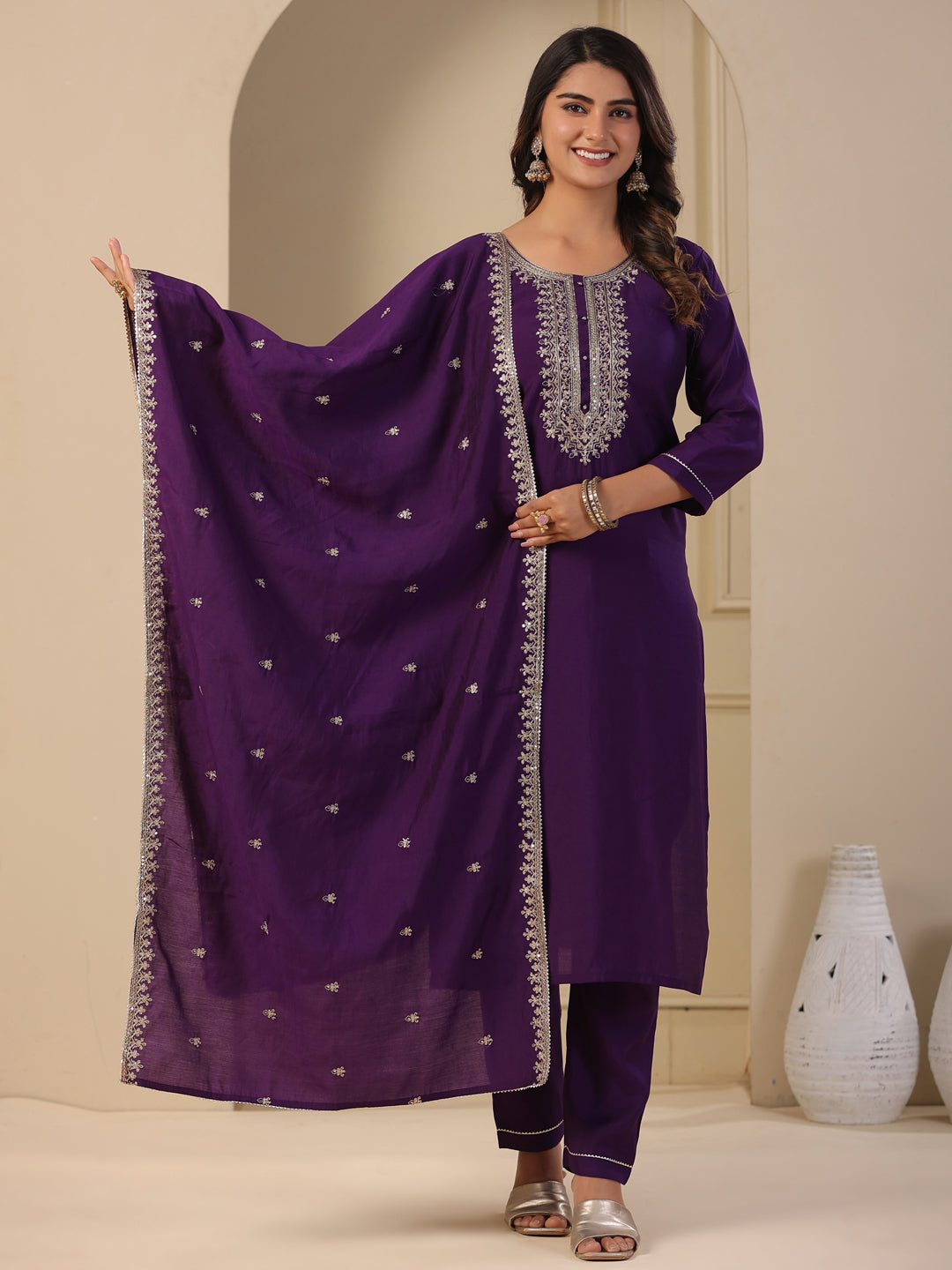 Solid Zari & Sequins Embroidered Kurta with Pants & Embroidered Dupatta - Purple