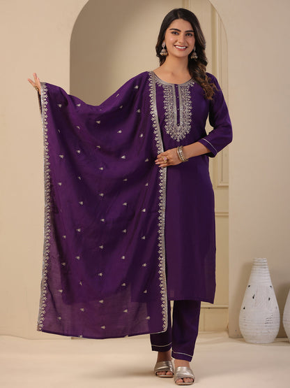 Solid Zari & Sequins Embroidered Kurta with Pants & Embroidered Dupatta - Purple