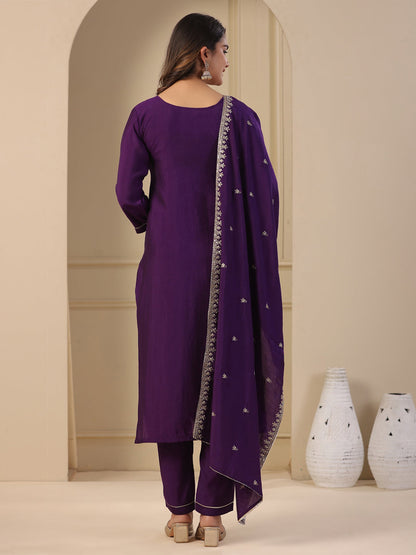 Solid Zari & Sequins Embroidered Kurta with Pants & Embroidered Dupatta - Purple