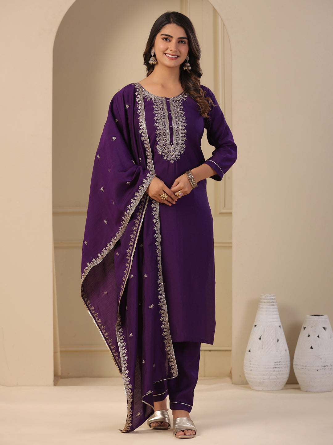 Solid Zari & Sequins Embroidered Kurta with Pants & Embroidered Dupatta - Purple