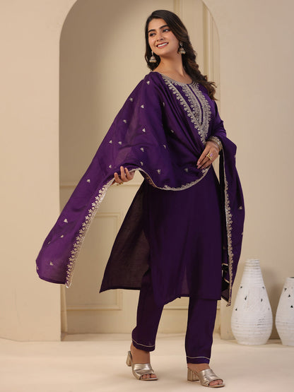 Solid Zari & Sequins Embroidered Kurta with Pants & Embroidered Dupatta - Purple