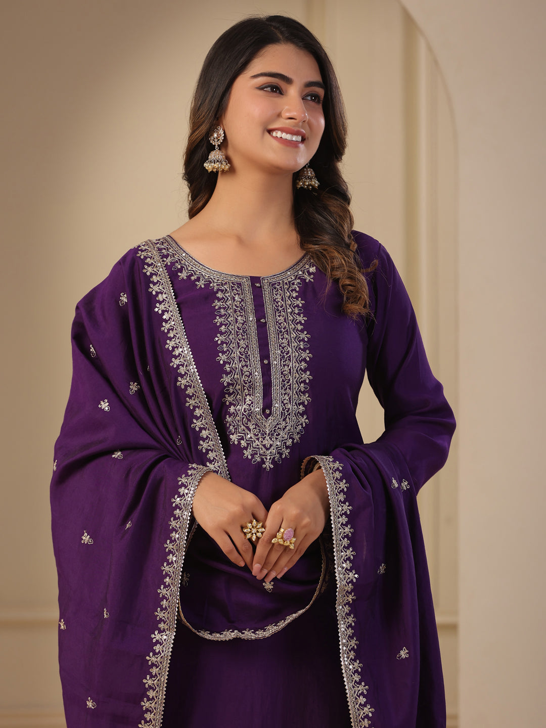 Solid Zari & Sequins Embroidered Kurta with Pants & Embroidered Dupatta - Purple