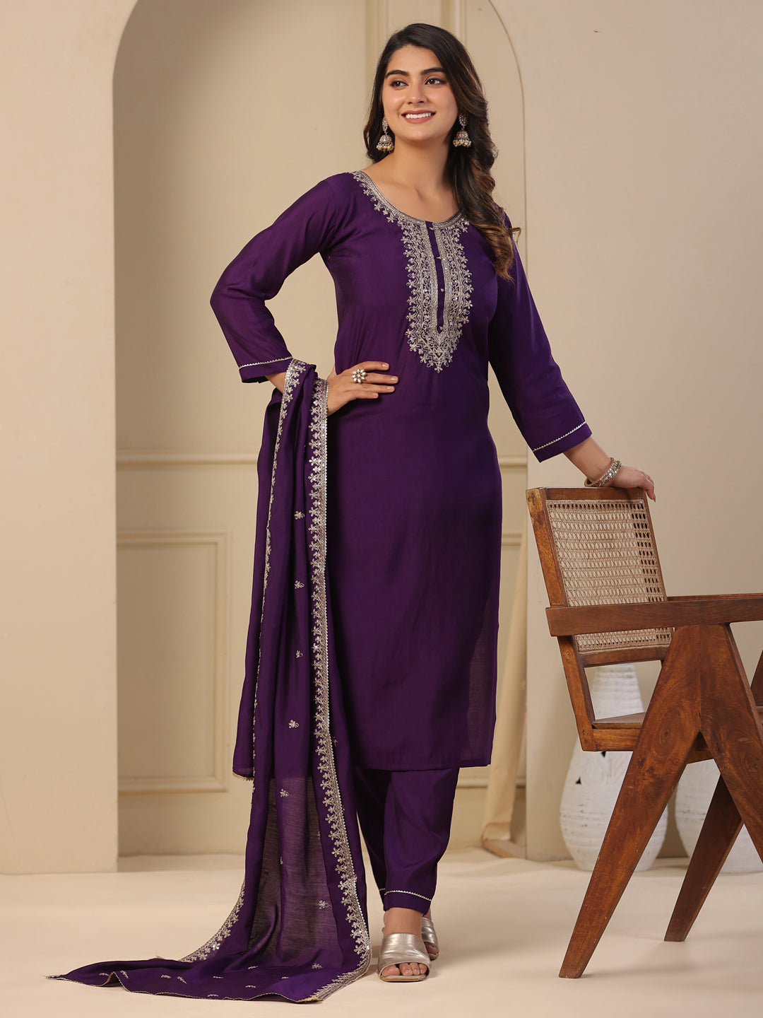 Solid Zari & Sequins Embroidered Kurta with Pants & Embroidered Dupatta - Purple