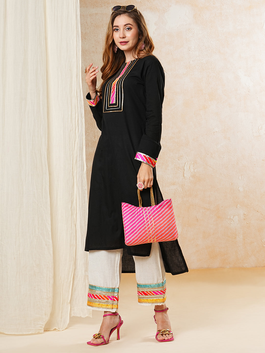 Solid Gota Embroidered Straight High-Low Kurta with Palazzo - Black