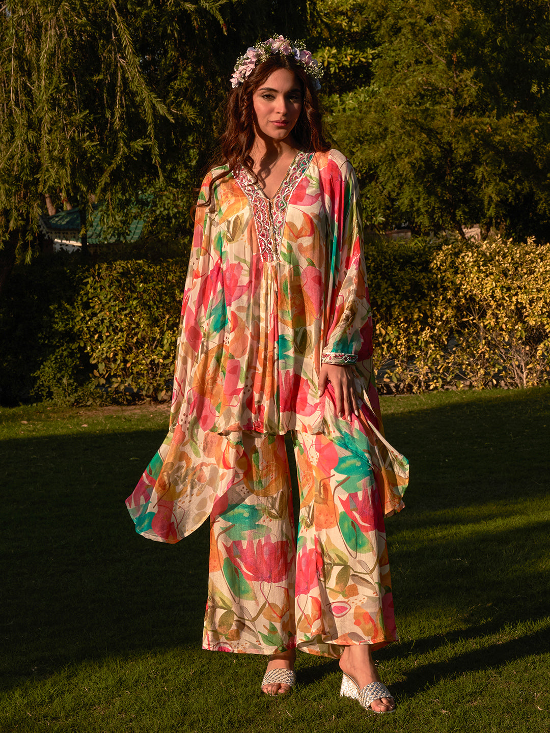 Floral Printed Mirror & Sequins Embroidered Kaftan with Palazzo Indo-Western Co-ord Set - Multi