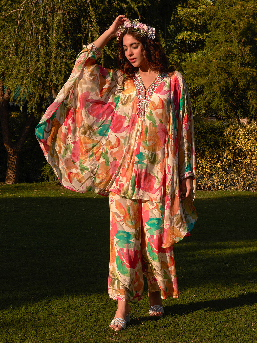 Floral Printed Mirror & Sequins Embroidered Kaftan with Palazzo Indo-Western Co-ord Set - Multi