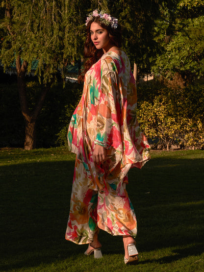 Floral Printed Mirror & Sequins Embroidered Kaftan with Palazzo Indo-Western Co-ord Set - Multi