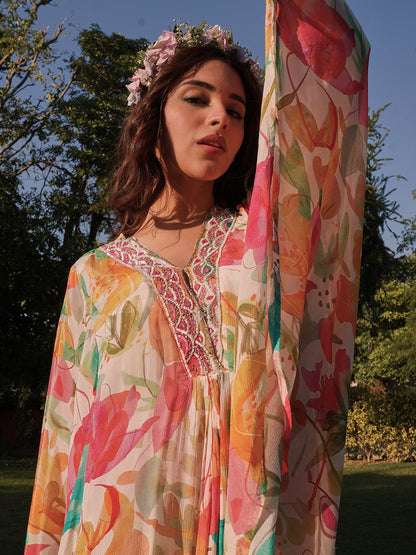 Floral Printed Mirror & Sequins Embroidered Kaftan with Palazzo Indo-Western Co-ord Set - Multi