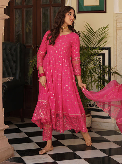 Solid Sequins & Resham Embroidered Anarkali with Pants & Embroidered Dupatta - Pink