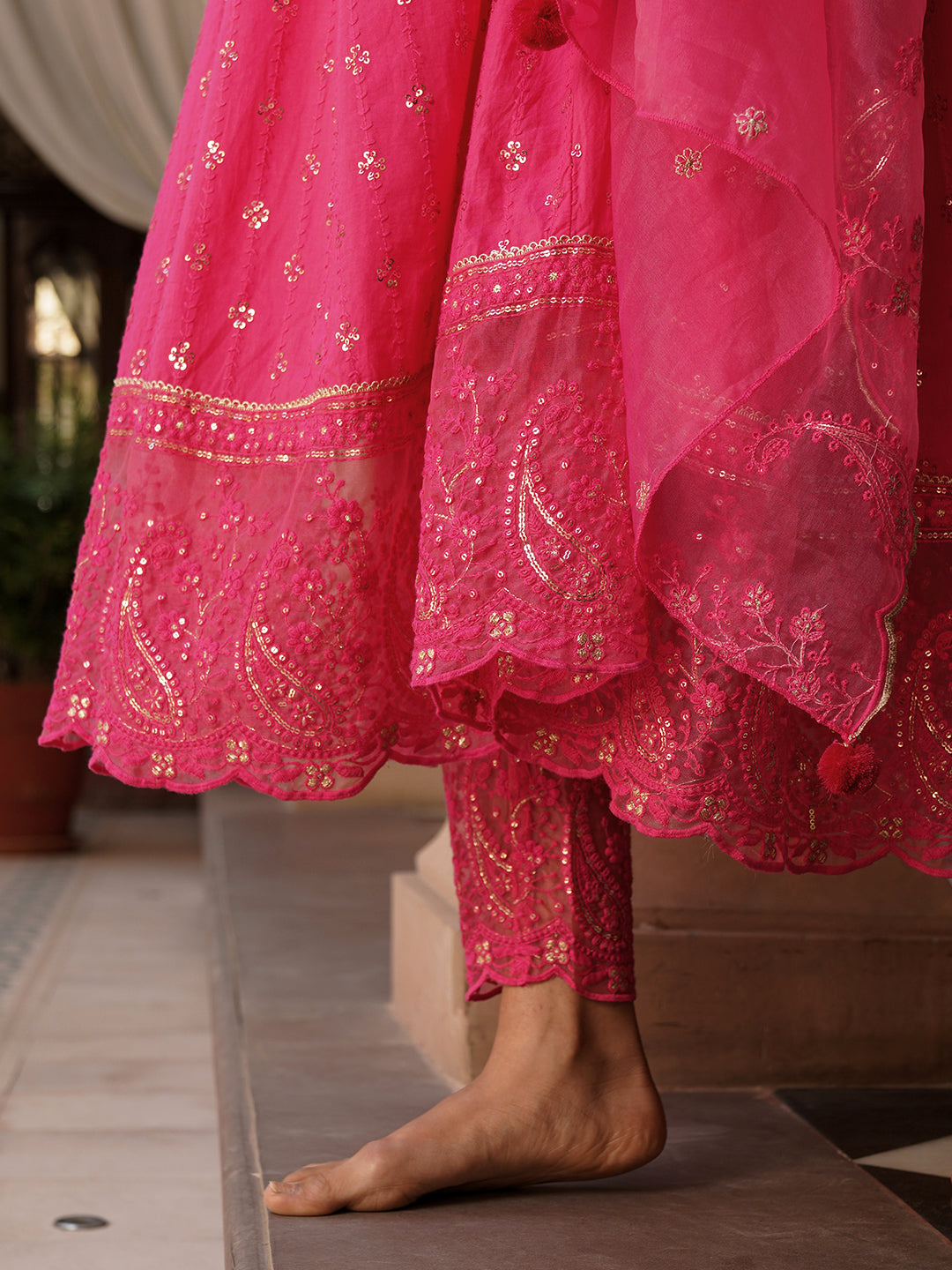 Solid Sequins & Resham Embroidered Anarkali with Pants & Embroidered Dupatta - Pink