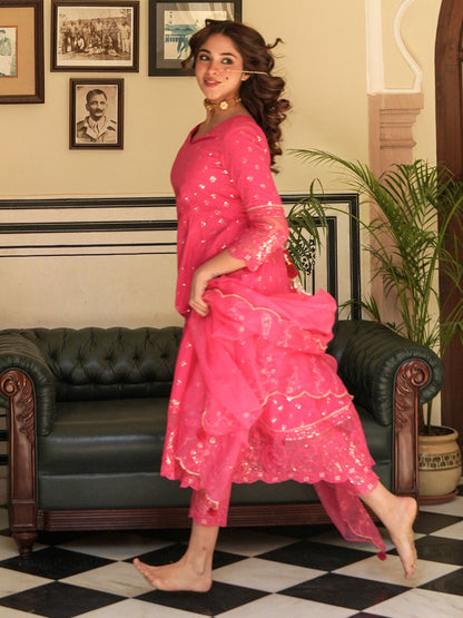 Solid Sequins & Resham Embroidered Anarkali with Pants & Embroidered Dupatta - Pink