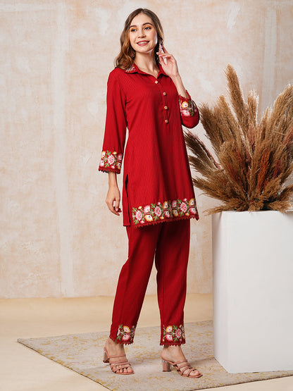 Dobby Striped Mirror & Resham Embroidered Short Kurta with Pants Co-ord Set - Red