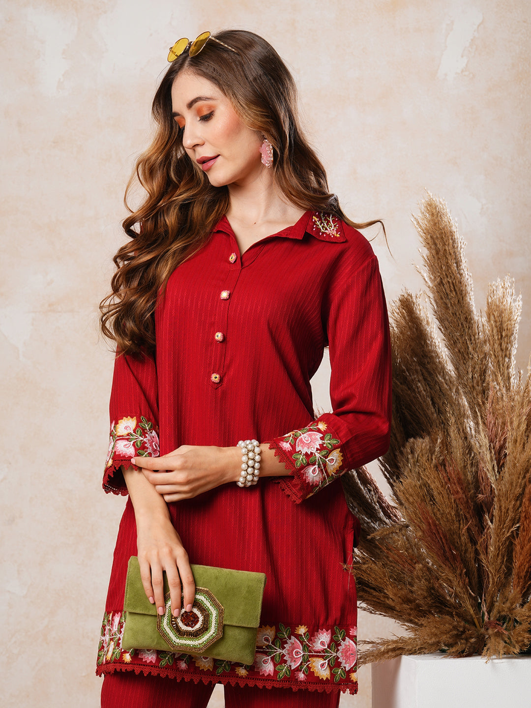 Dobby Striped Mirror & Resham Embroidered Short Kurta with Pants Co-ord Set - Red