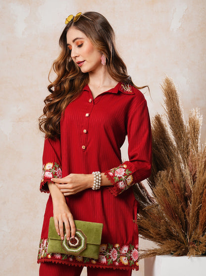 Dobby Striped Mirror & Resham Embroidered Short Kurta with Pants Co-ord Set - Red