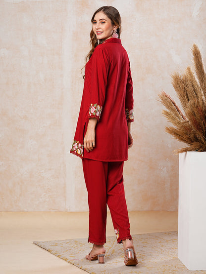 Dobby Striped Mirror & Resham Embroidered Short Kurta with Pants Co-ord Set - Red