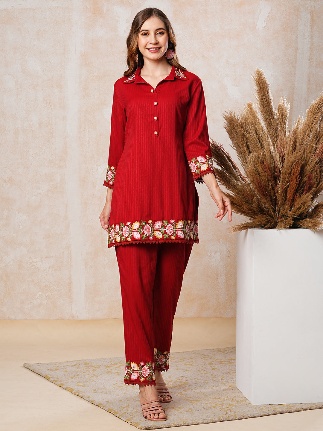 Dobby Striped Mirror & Resham Embroidered Short Kurta with Pants Co-ord Set - Red