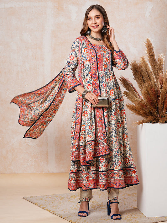 Floral Printed Mirror & Beads Embroidered Kurta with Pants & Dupatta - Multi