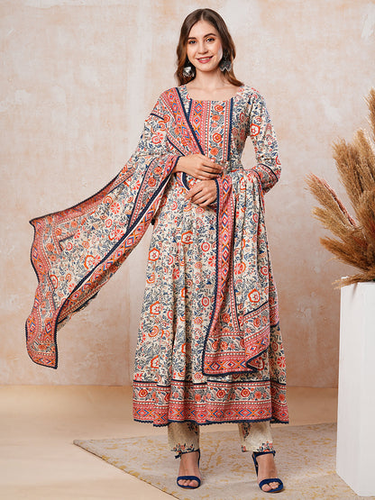 Floral Printed Mirror & Beads Embroidered Kurta with Pants & Dupatta - Multi