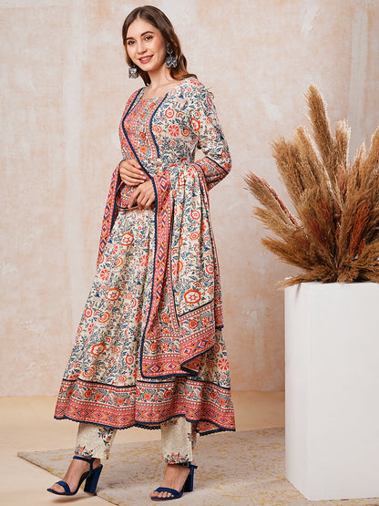 Floral Printed Mirror & Beads Embroidered Kurta with Pants & Dupatta - Multi