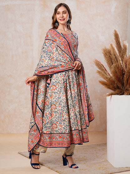 Floral Printed Mirror & Beads Embroidered Kurta with Pants & Dupatta - Multi