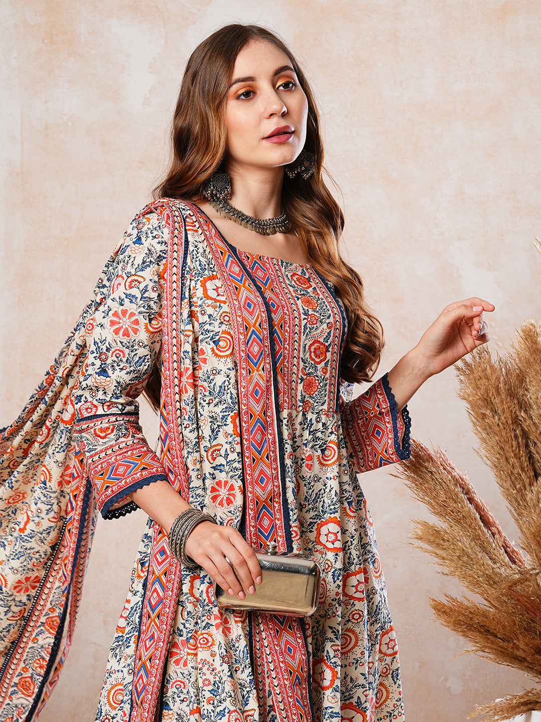 Floral Printed Mirror & Beads Embroidered Kurta with Pants & Dupatta - Multi