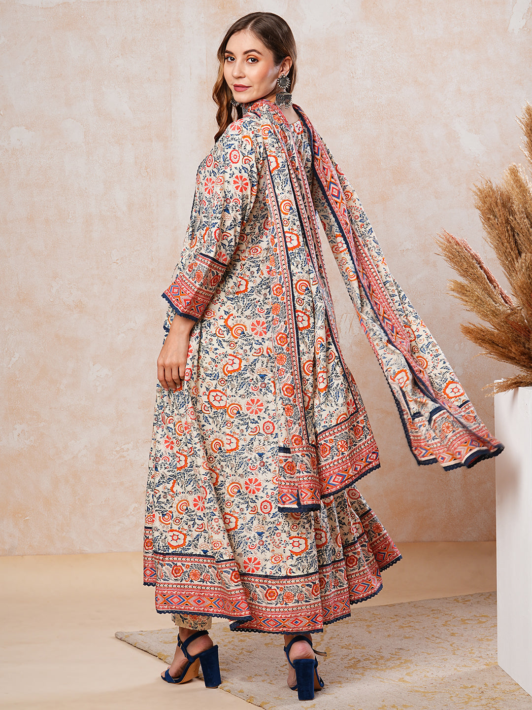 Floral Printed Mirror & Beads Embroidered Kurta with Pants & Dupatta - Multi