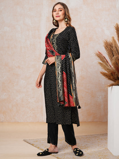 Abstract Printed Gotapatti Embroidered Kurta with Pants & Dupatta - Black