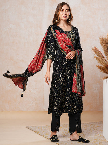 Abstract Printed Gotapatti Embroidered Kurta with Pants & Dupatta - Black