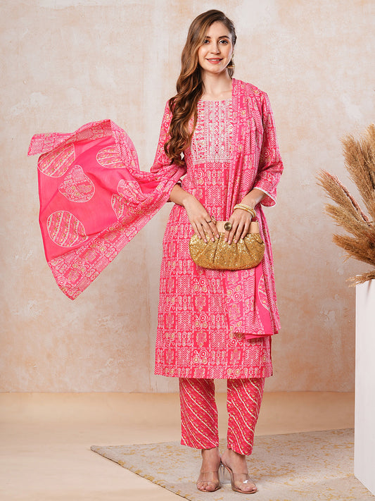 Multi Printed Mirror & Resham Embroidered Kurta with Pants & Dupatta - Pink