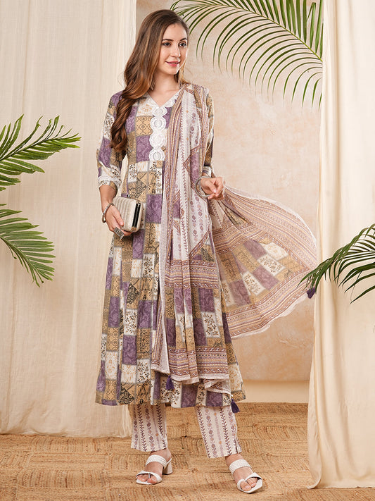 Multi Printed Sequins & Resham Embroidered Anarkali Kurta with Pants & Dupatta - Multi